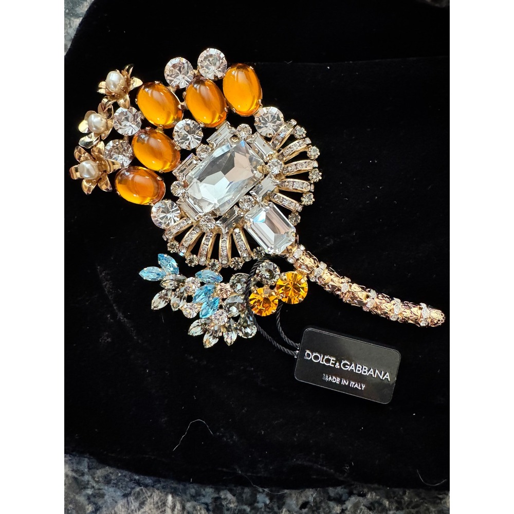 Dolce & Gabbana Maxi Spilla Floreale Strass Crystal Floral Brooch Gold Tone NEW‎